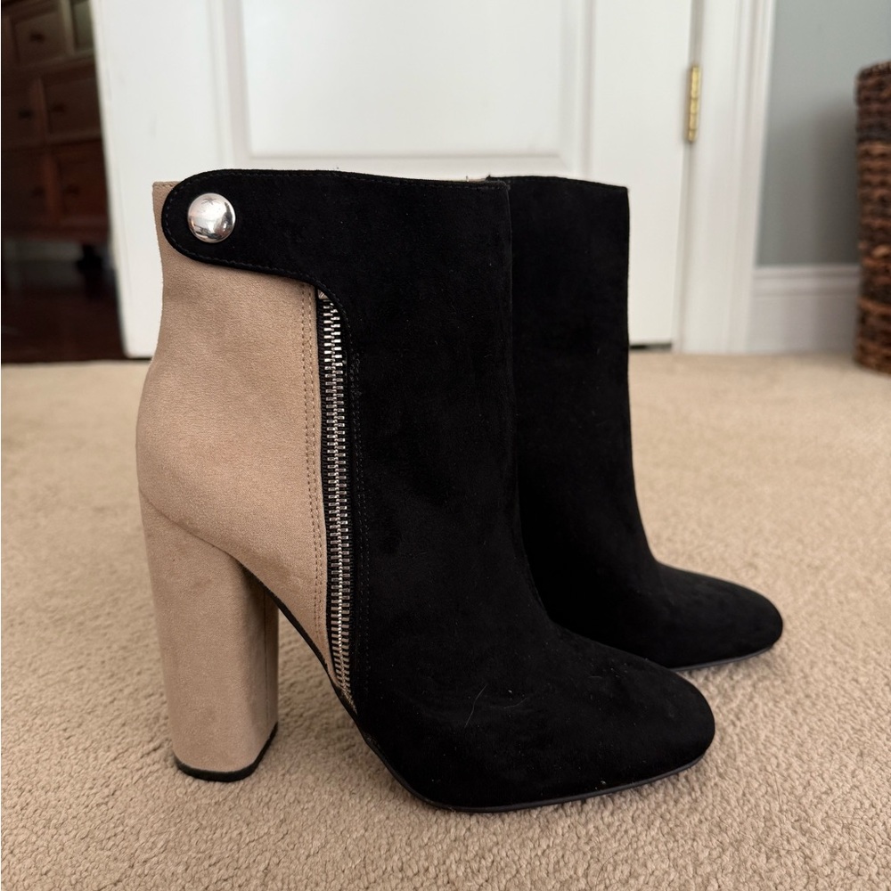 JustFab tan and black suede heels